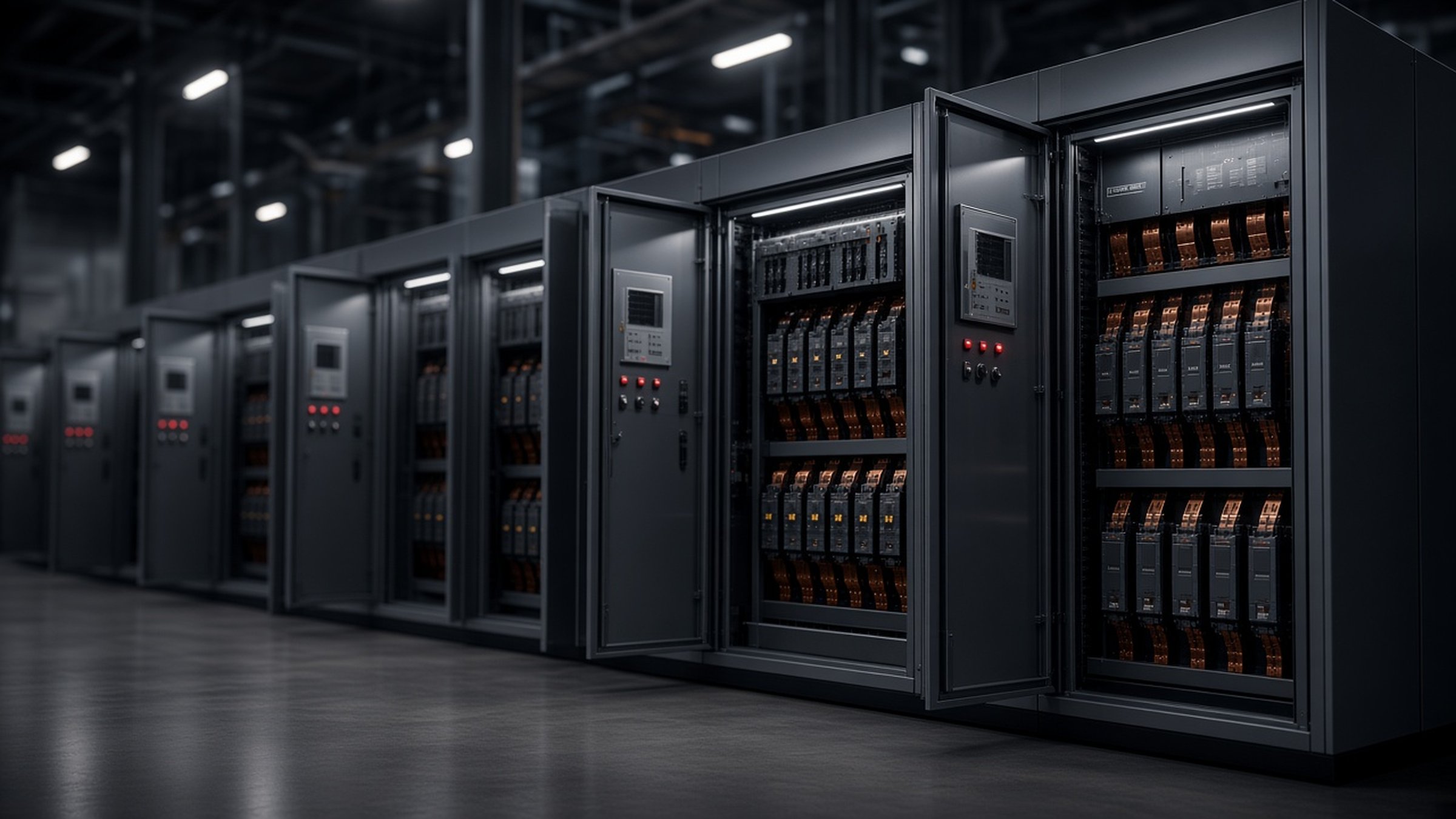 Electrical cabinets and cable trays in a dark equipment bay.