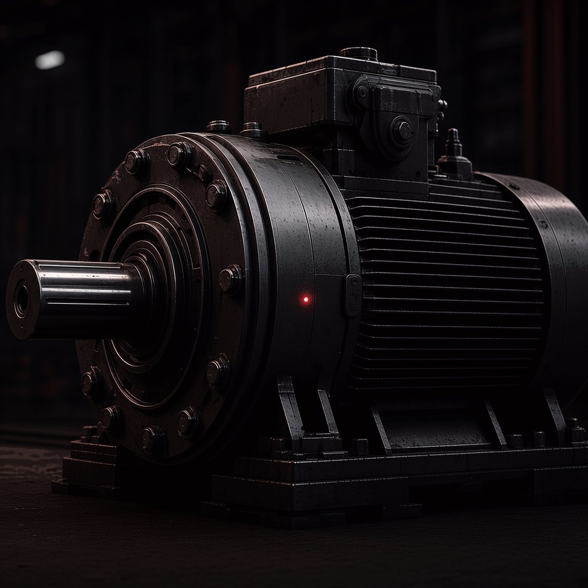 Large drilling motor in a dark industrial setting.