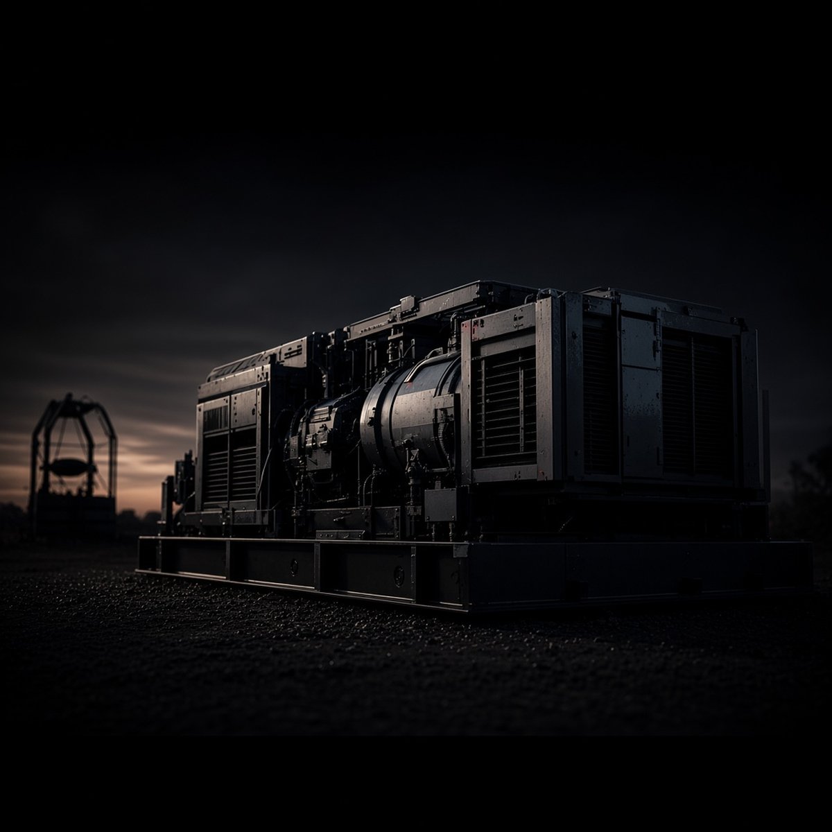 Electric-drive fracturing skid on gravel, under a dark red sky.
