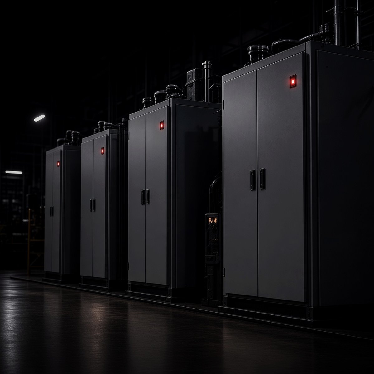 Mud-pump control cabinets in a dark industrial bay.