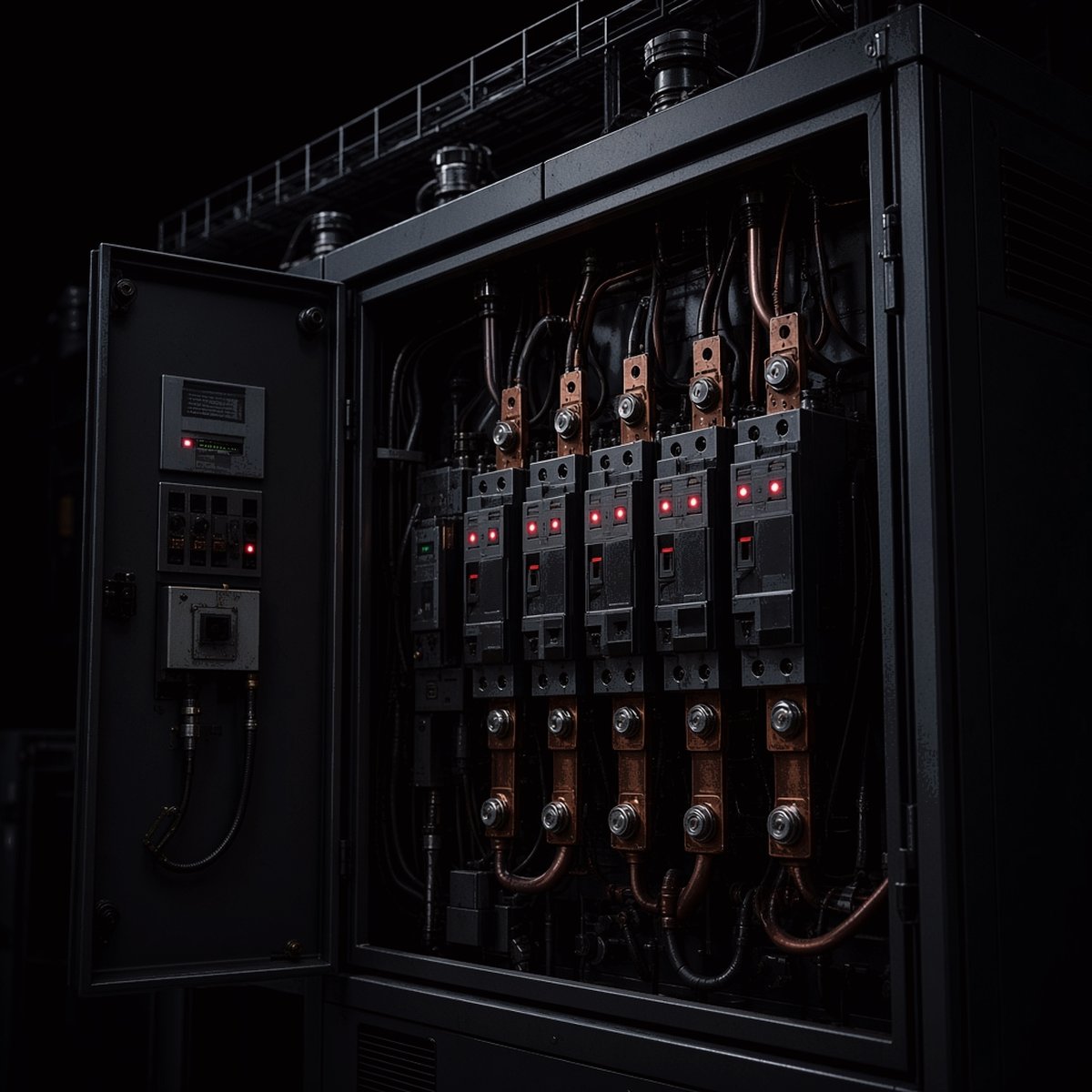 Rig power-supply control equipment in a dark electrical room.