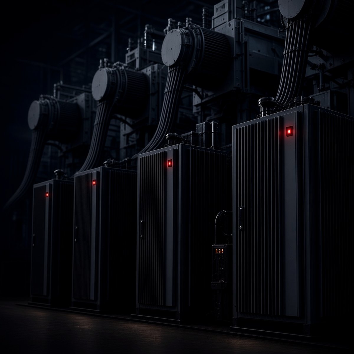 Top-drive electrical control equipment in a dark setting.