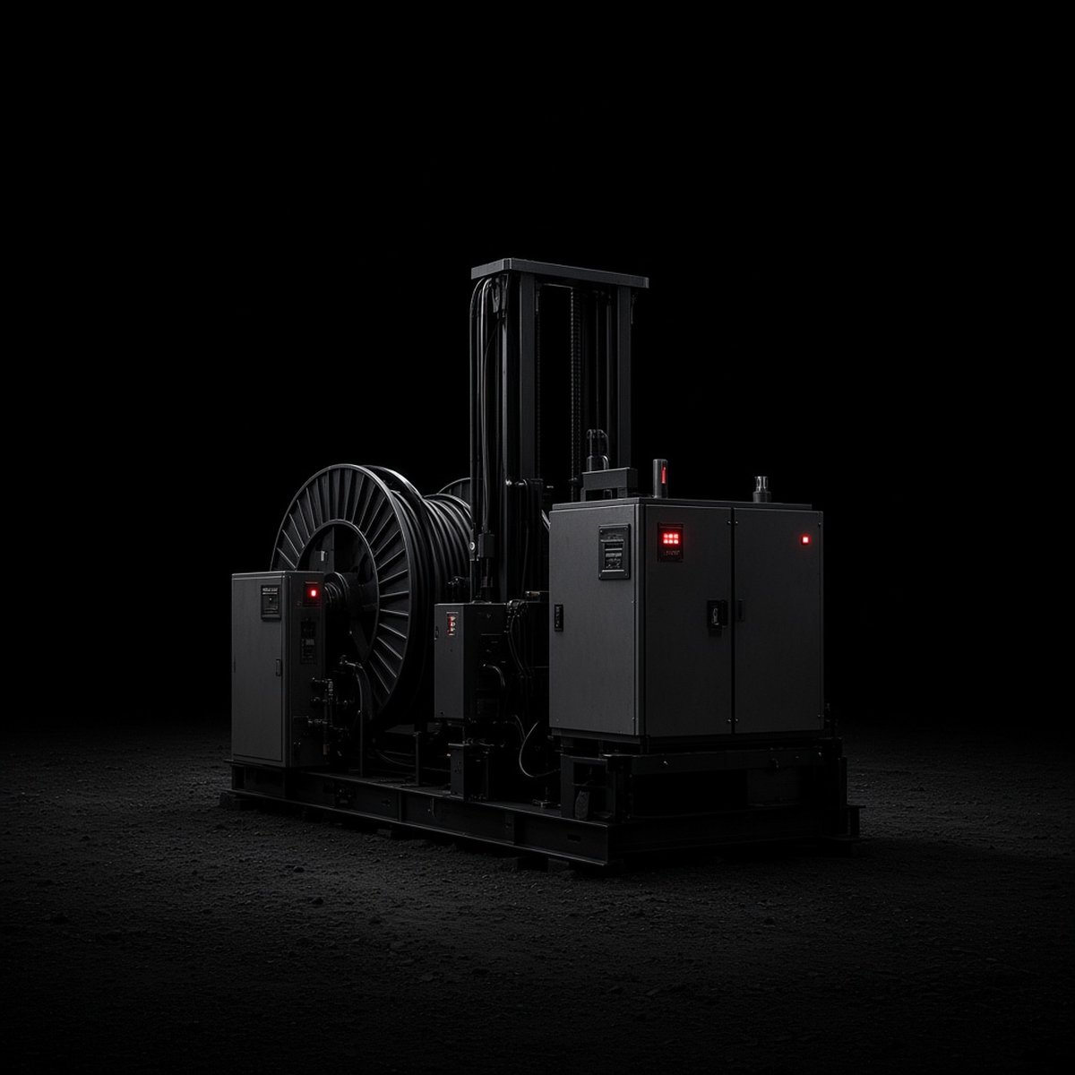 Workover electric-drive package in a dark industrial setting.