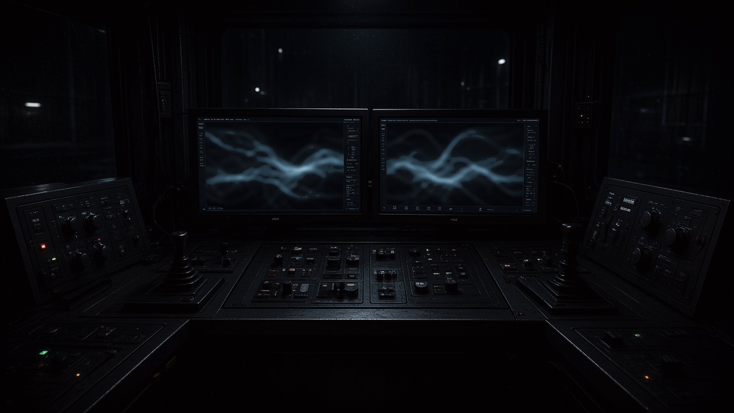 Driller control console with screens, seen from behind the chair. No person is shown.