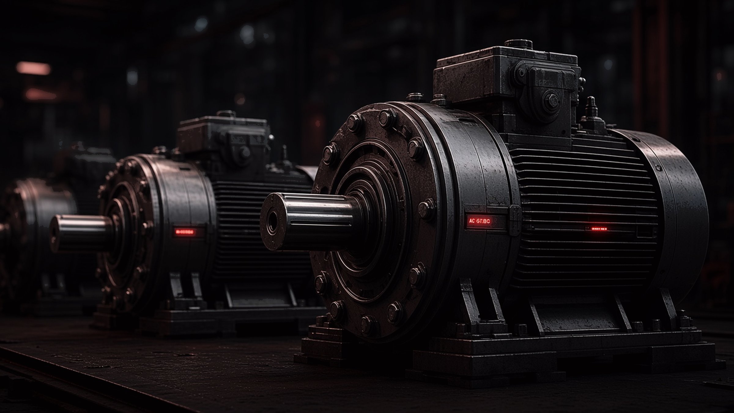 Large drilling motor in a dark industrial setting.