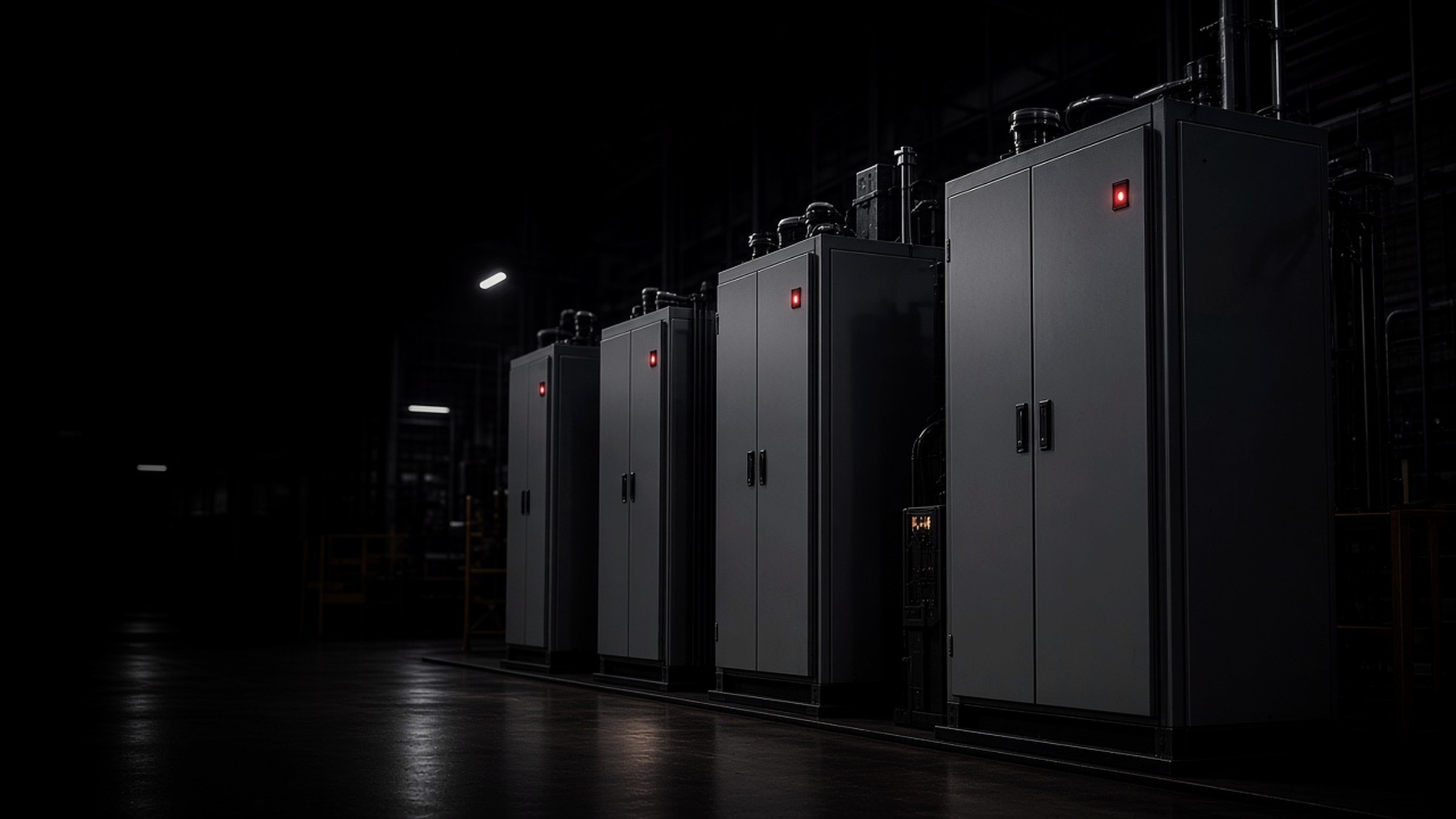 Mud-pump control cabinets in a dark industrial bay.