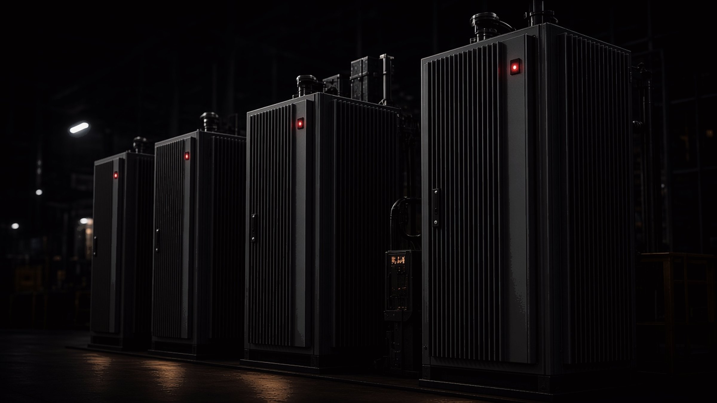 Row of dark variable-frequency drive cabinets with small red indicators.