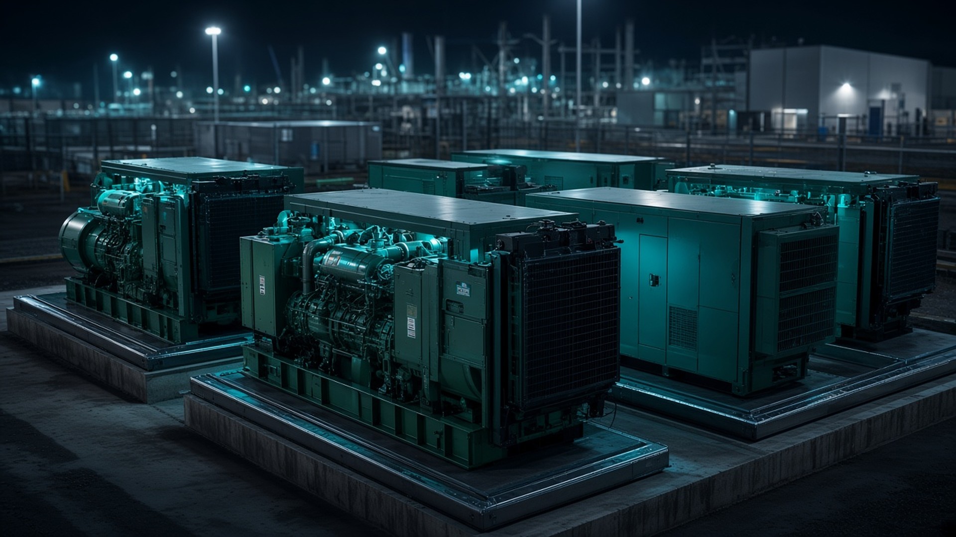 Generator container and an electrical cabinet beside a drilling rig.