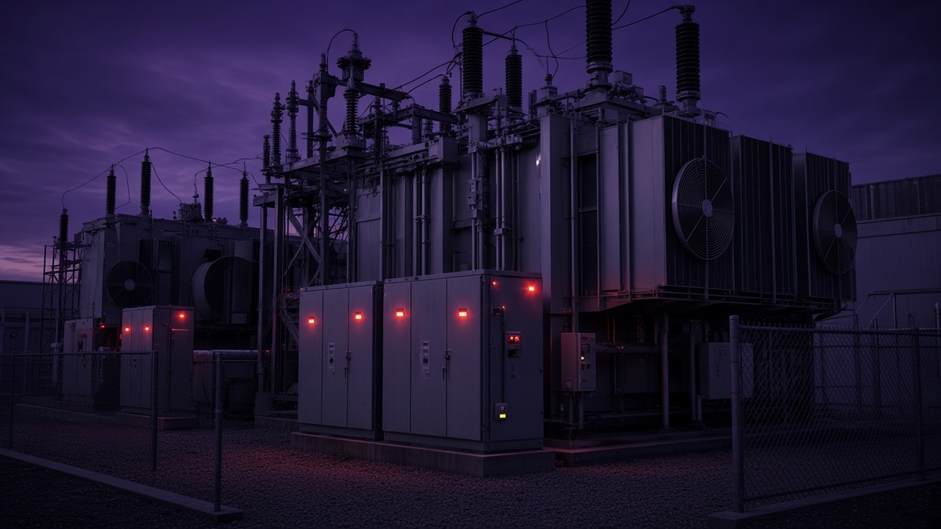 Substation yard with transformers and a control building beside a drilling rig.