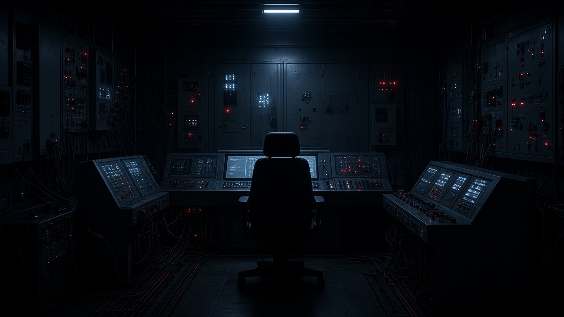 Driller's cabin with control screens beside a mast and cable trays.