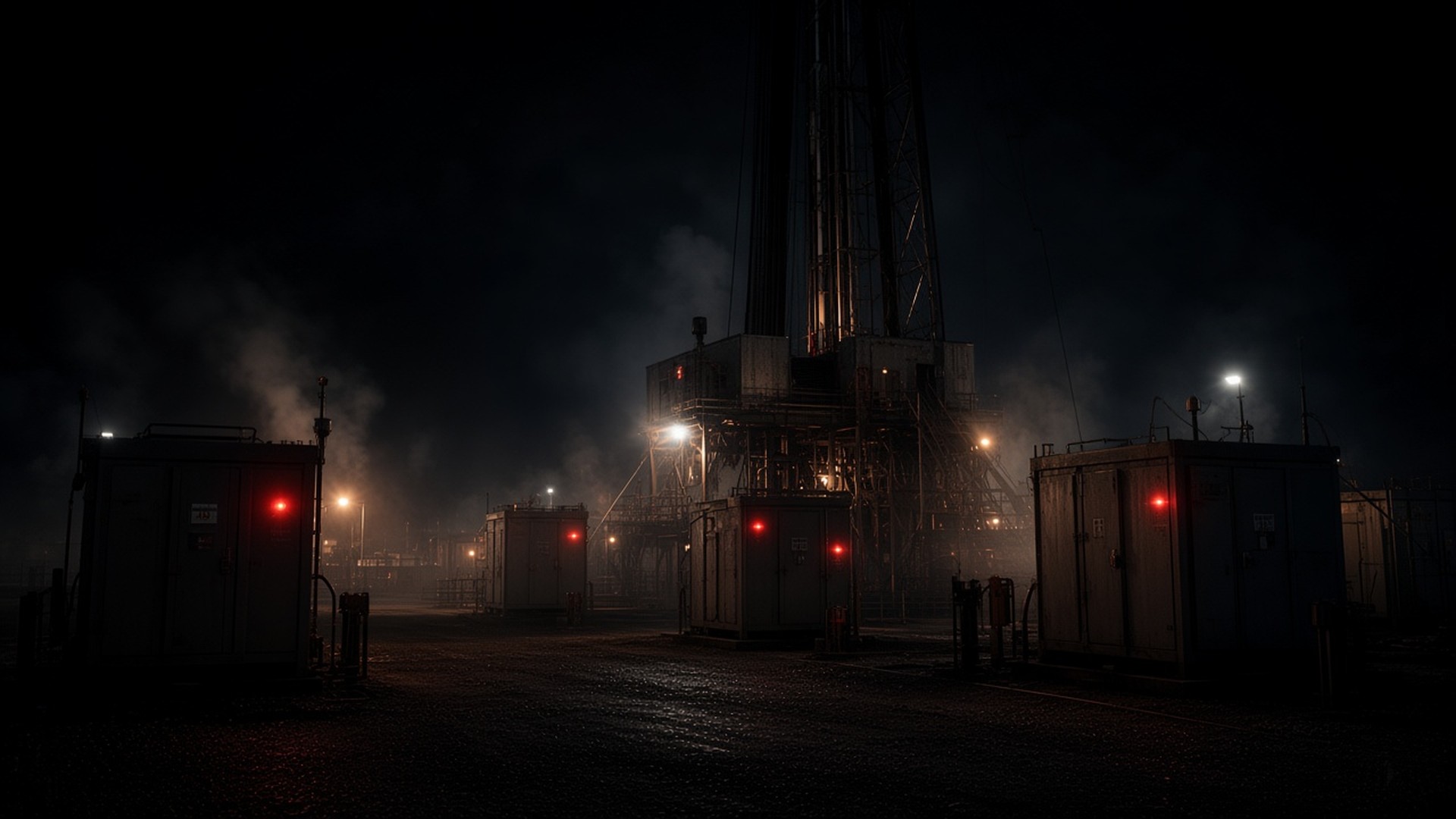 Land drilling rig and a row of electrical control cabinets on a graded wellsite at dusk.