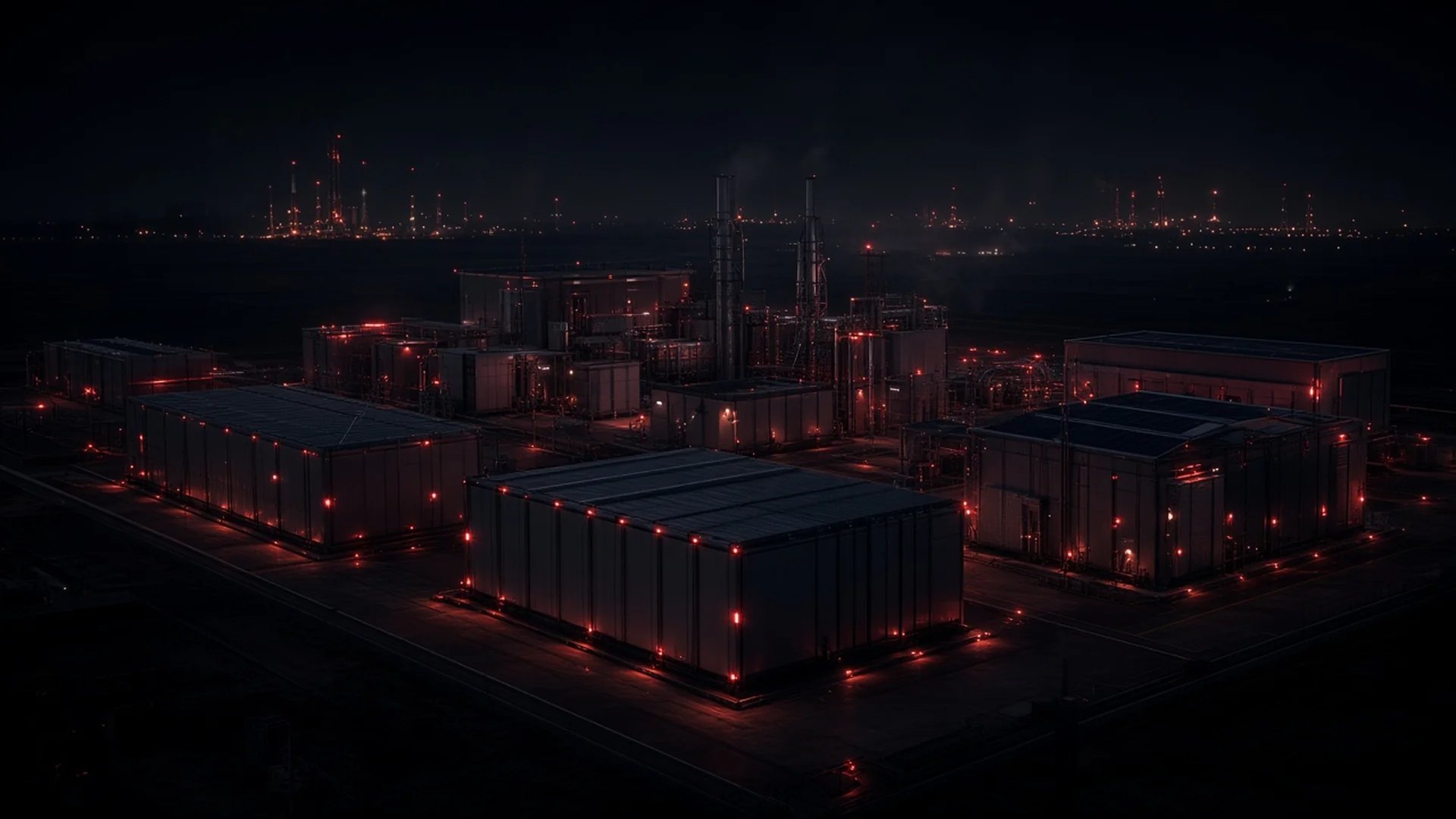 Containerized power equipment, transformers, and a generator skid beside a drilling rig.